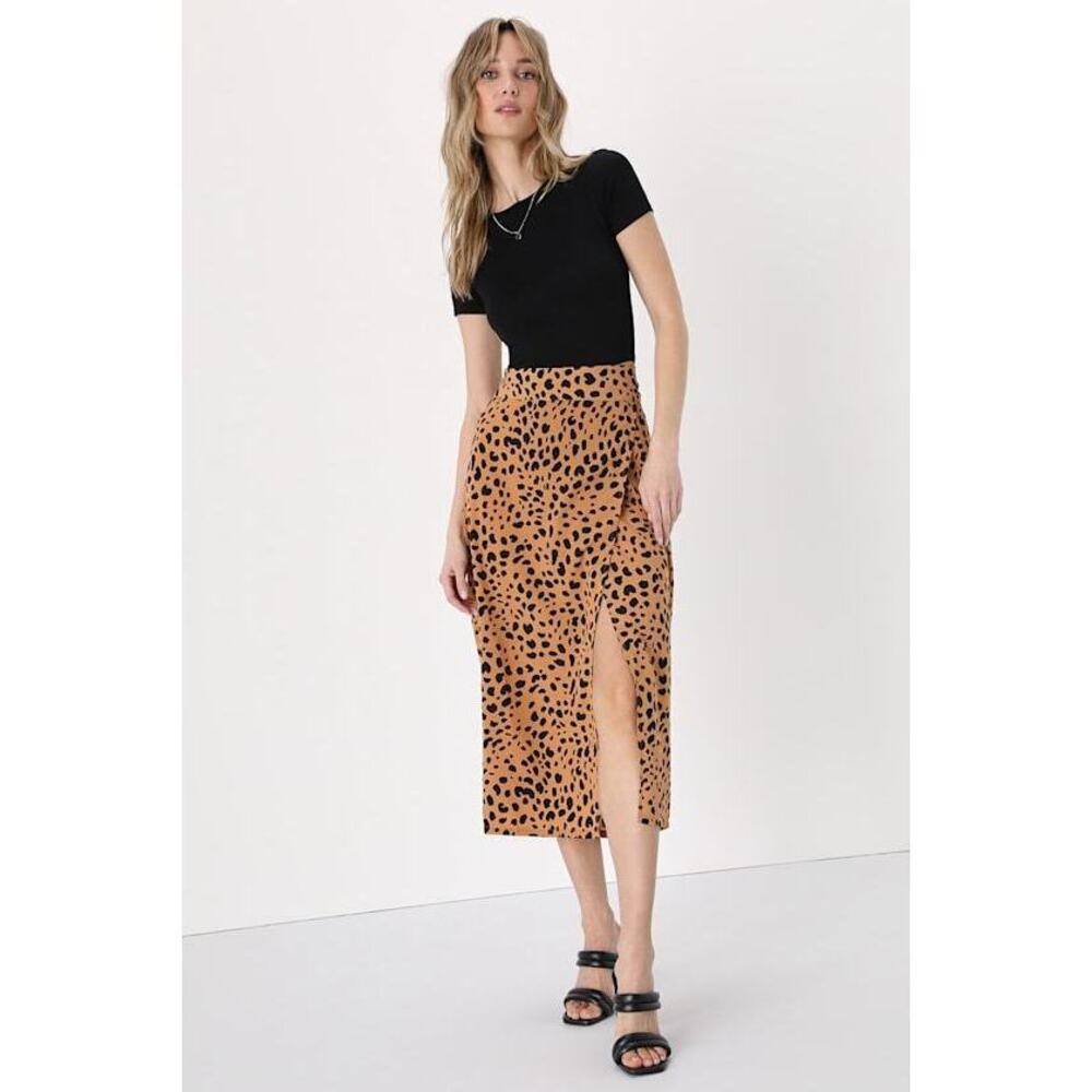 Lulus Statement-maker Tan Animal Print Wrap Midi Skirt Beige - Size S